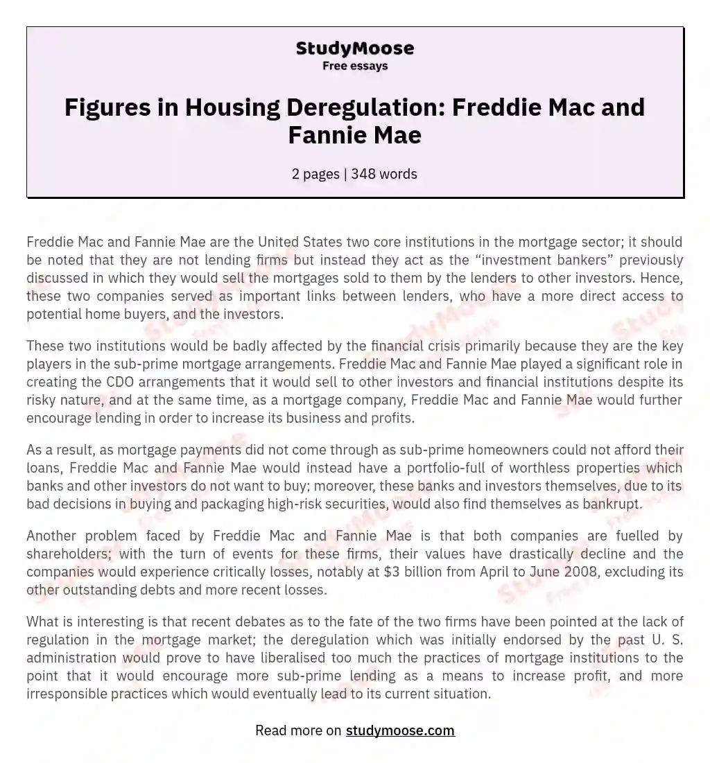 Figures in Housing Deregulation: Freddie Mac and Fannie Mae essay