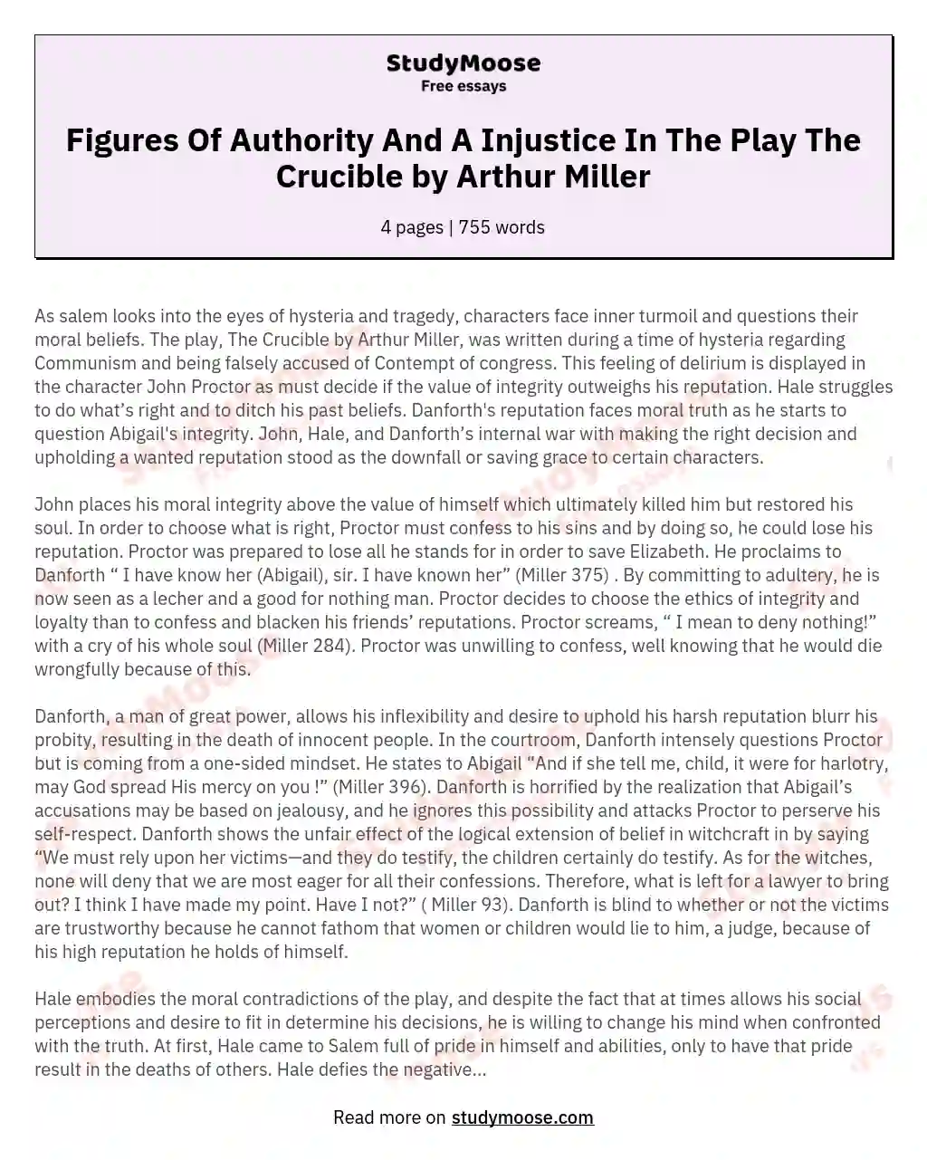 Figures Of Authority And A Injustice In The Play The Crucible by Arthur Miller essay