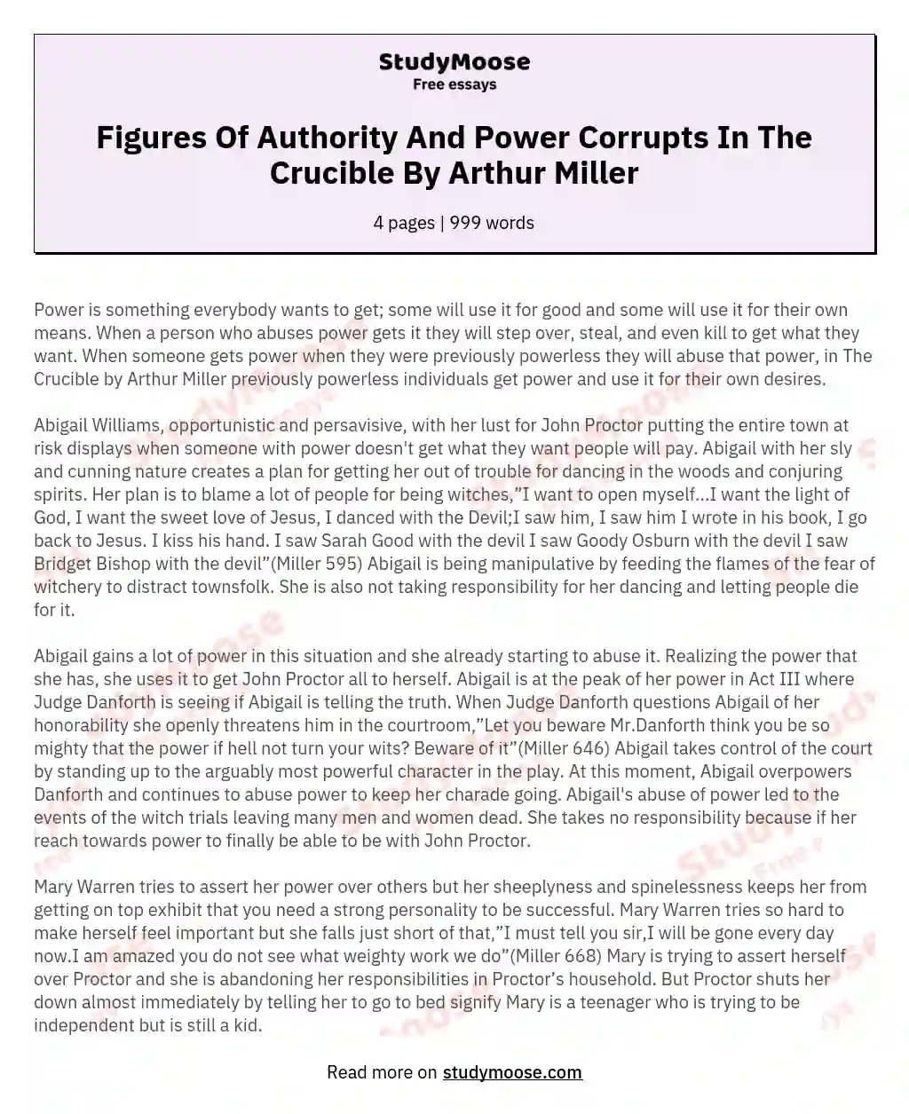 Figures Of Authority And Power Corrupts In The Crucible By Arthur Miller essay