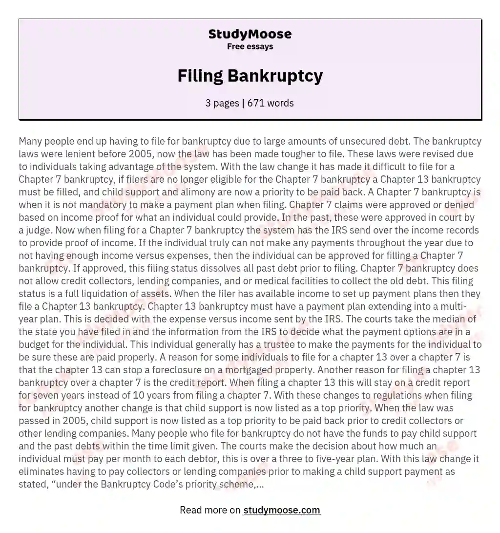 Filing Bankruptcy essay