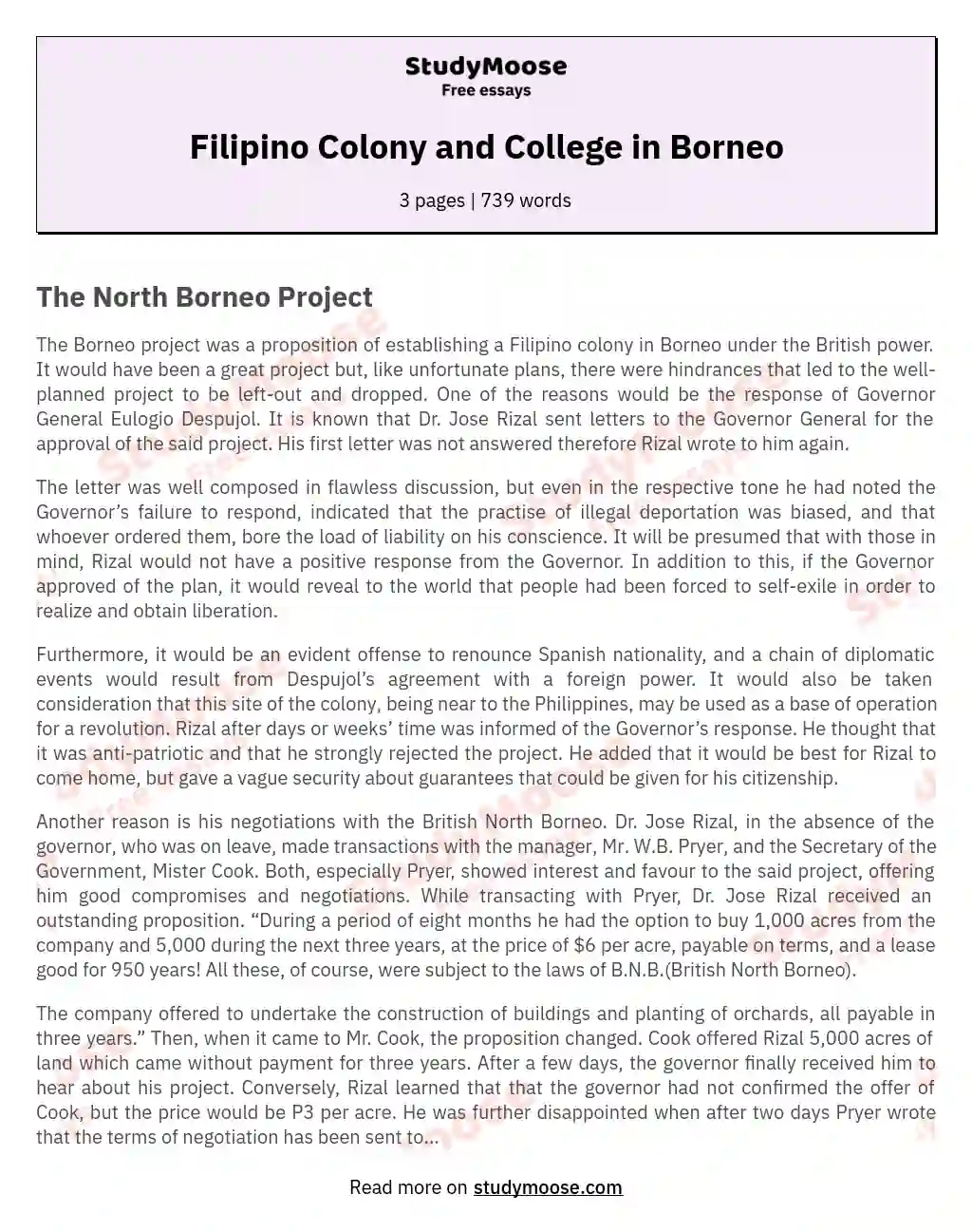 Filipino Colony and College in Borneo essay