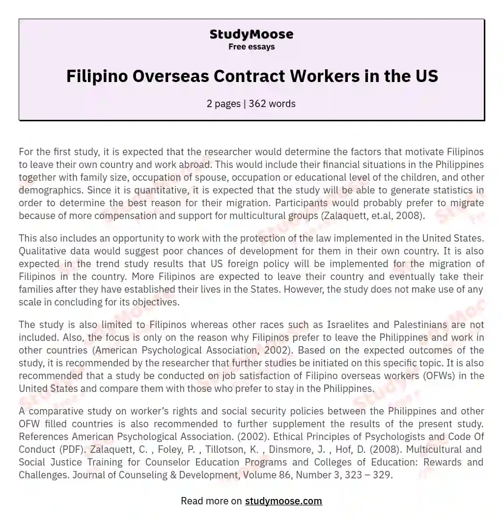Filipino Overseas Contract Workers in the US essay