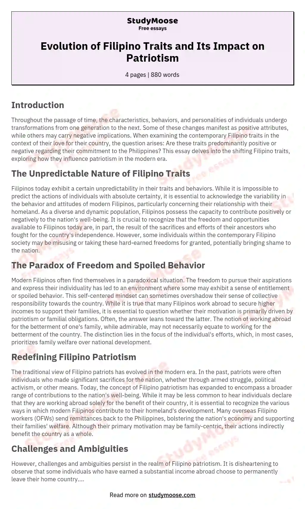 Evolution of Filipino Traits and Its Impact on Patriotism essay