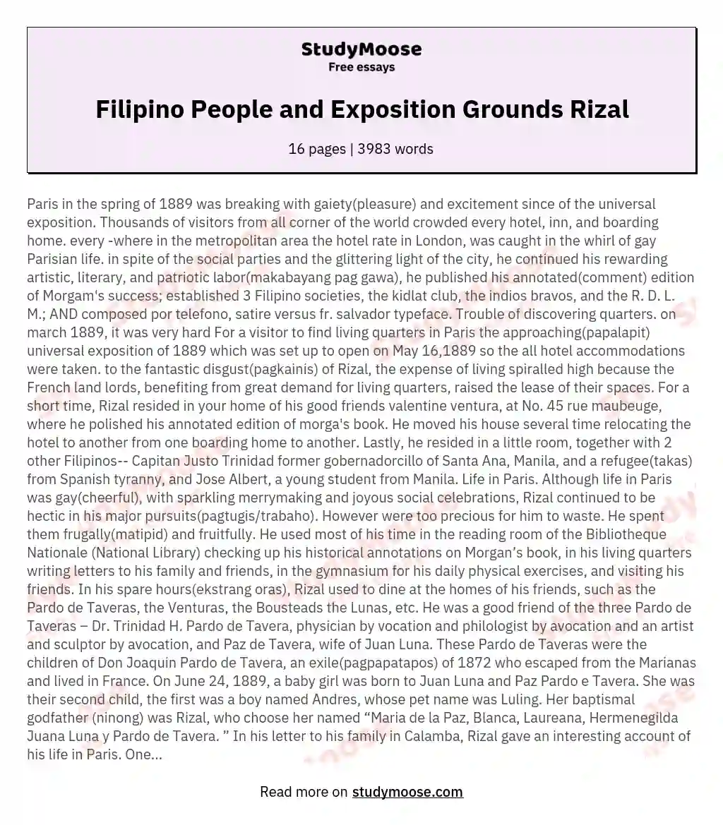 Filipino People and Exposition Grounds Rizal essay
