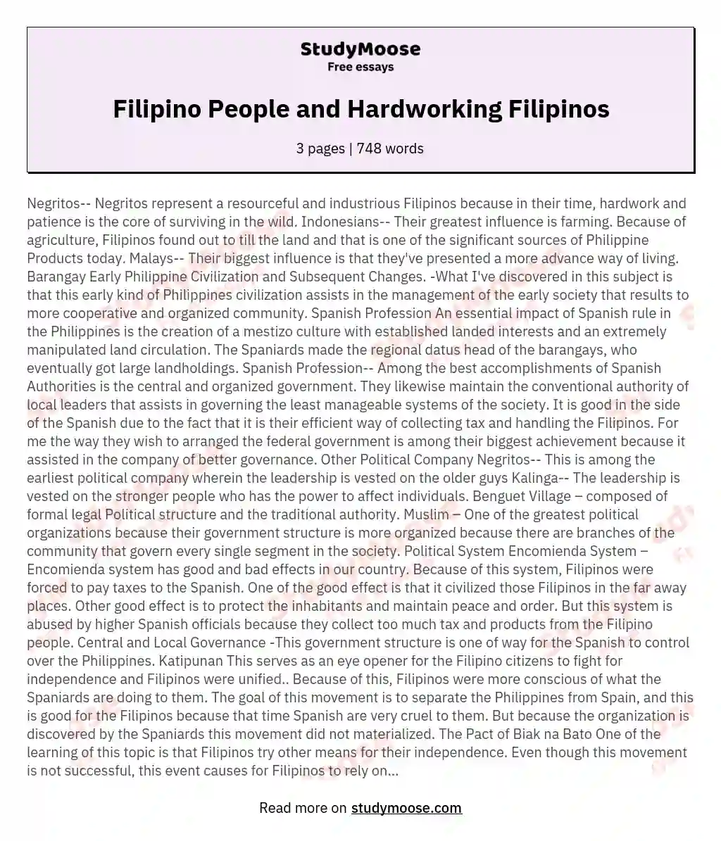 Filipino People and Hardworking Filipinos essay