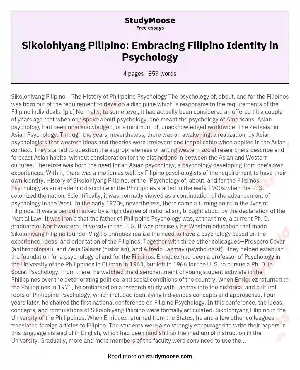 Sikolohiyang Pilipino: Embracing Filipino Identity in Psychology essay