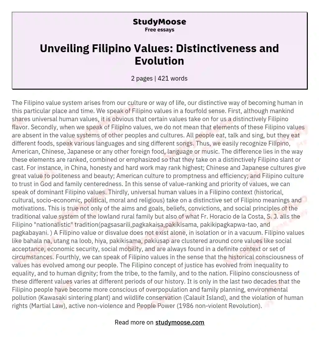 Unveiling Filipino Values: Distinctiveness and Evolution essay