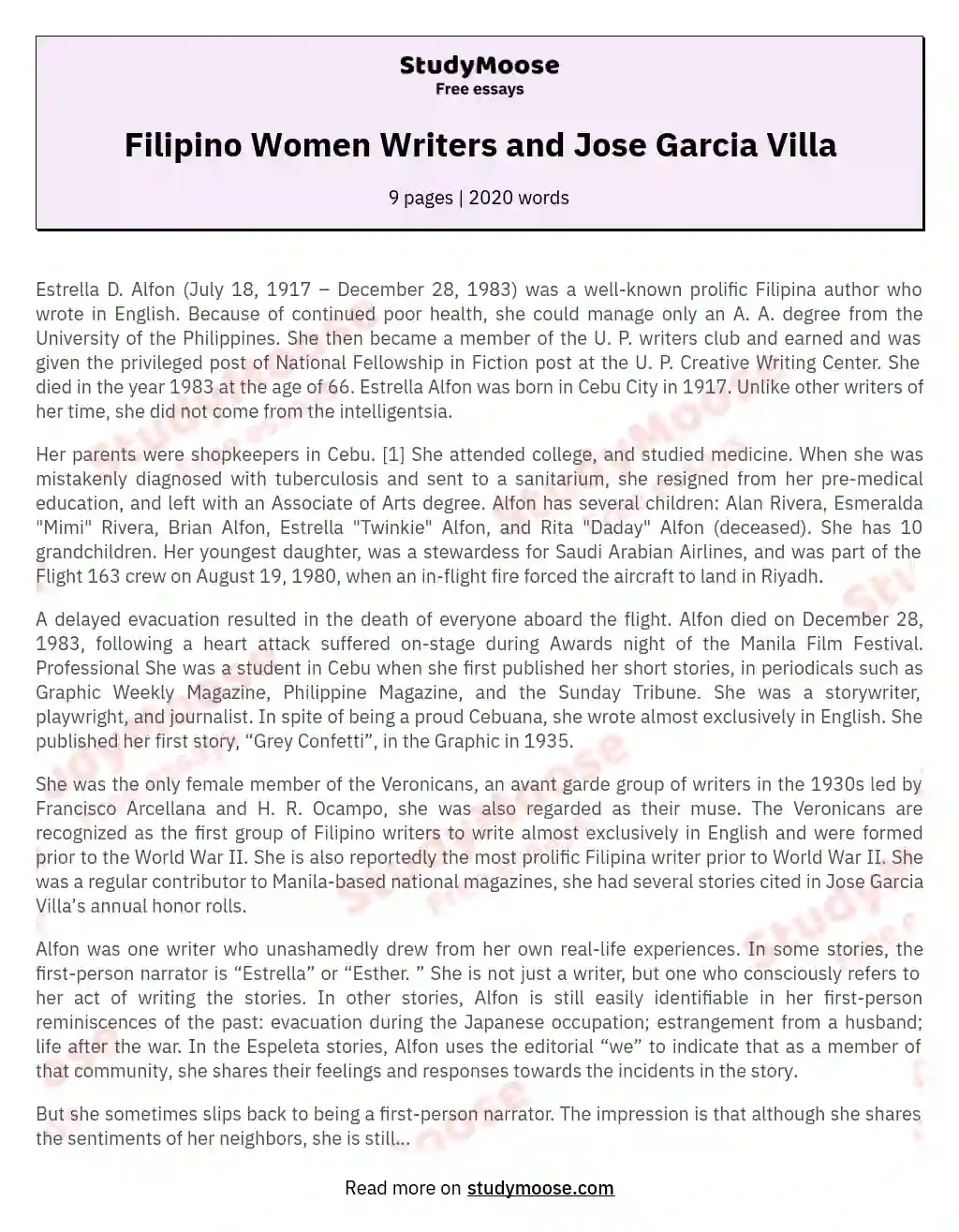 Filipino Women Writers and Jose Garcia Villa essay