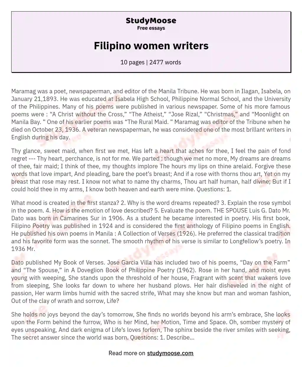 Filipino women writers essay