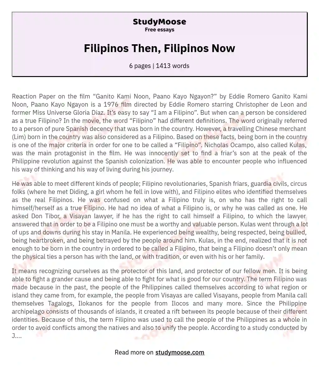 Filipinos Then, Filipinos Now essay