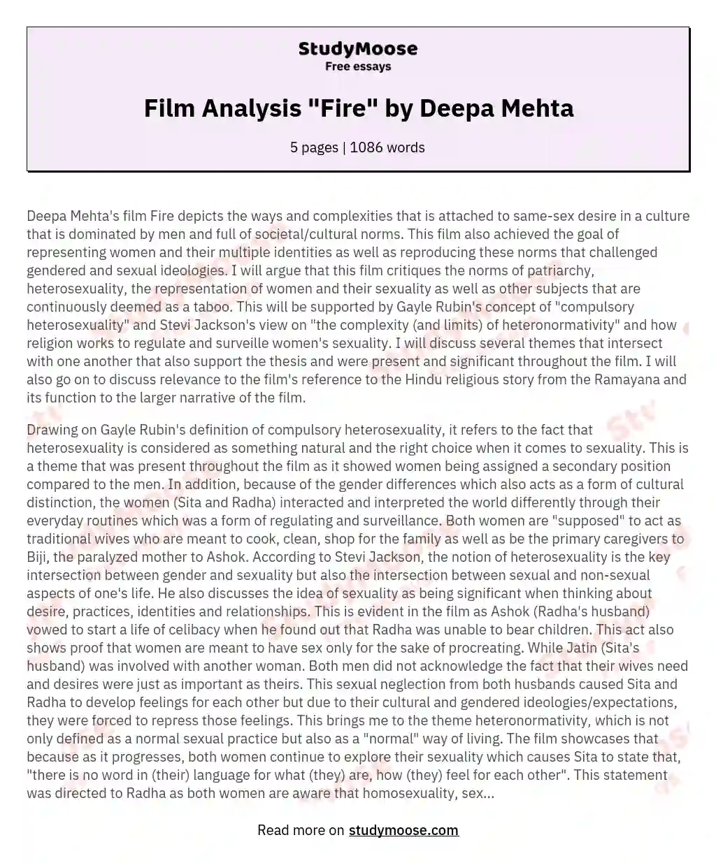 Film Analysis "Fire" by Deepa Mehta essay