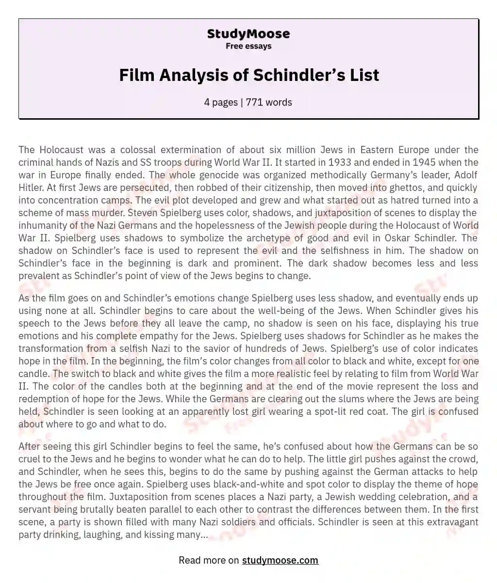 Film Analysis of Schindler’s List essay