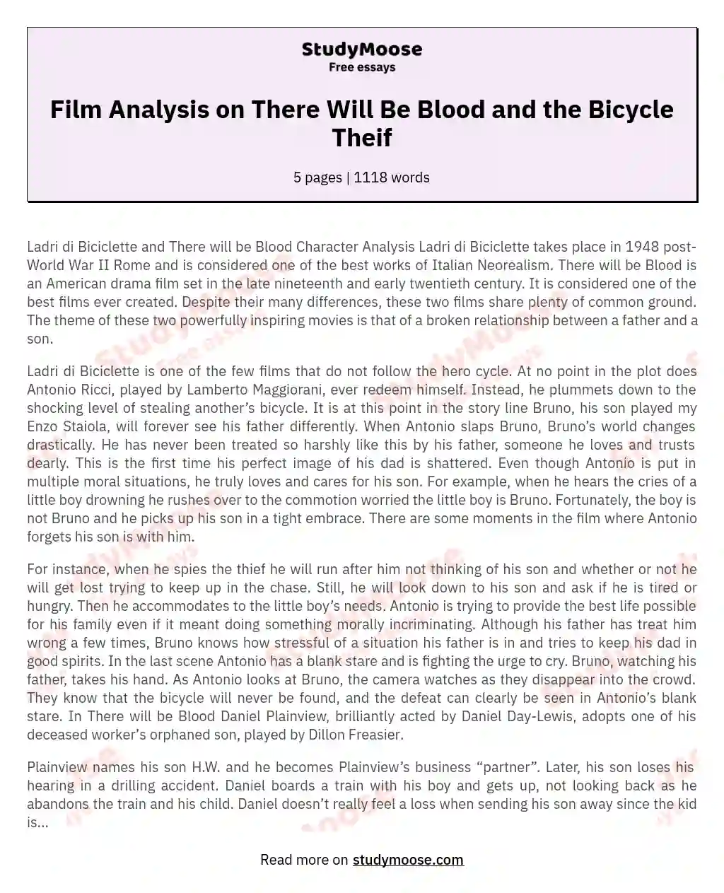 Film Analysis on There Will Be Blood and the Bicycle Theif essay