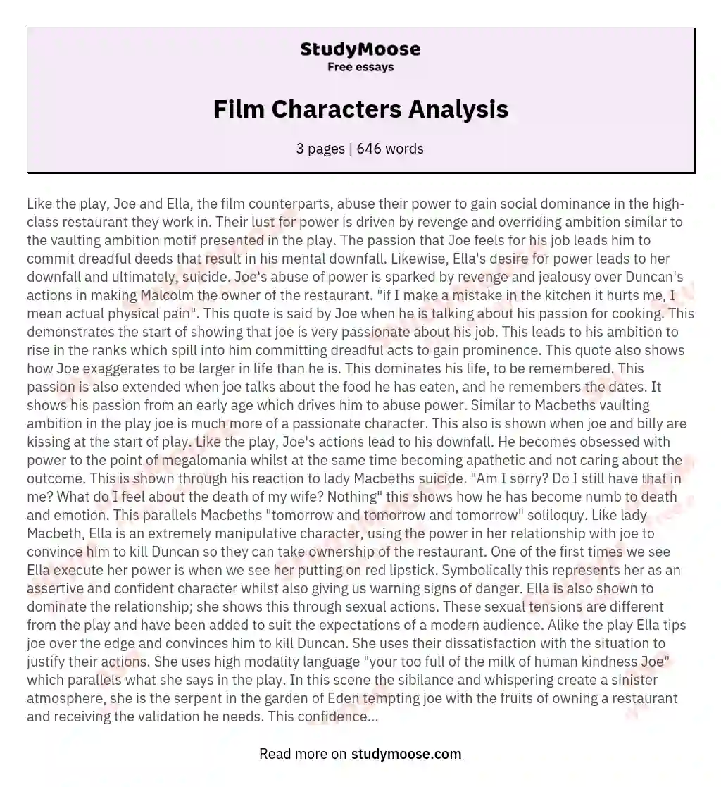 Film Characters Analysis essay