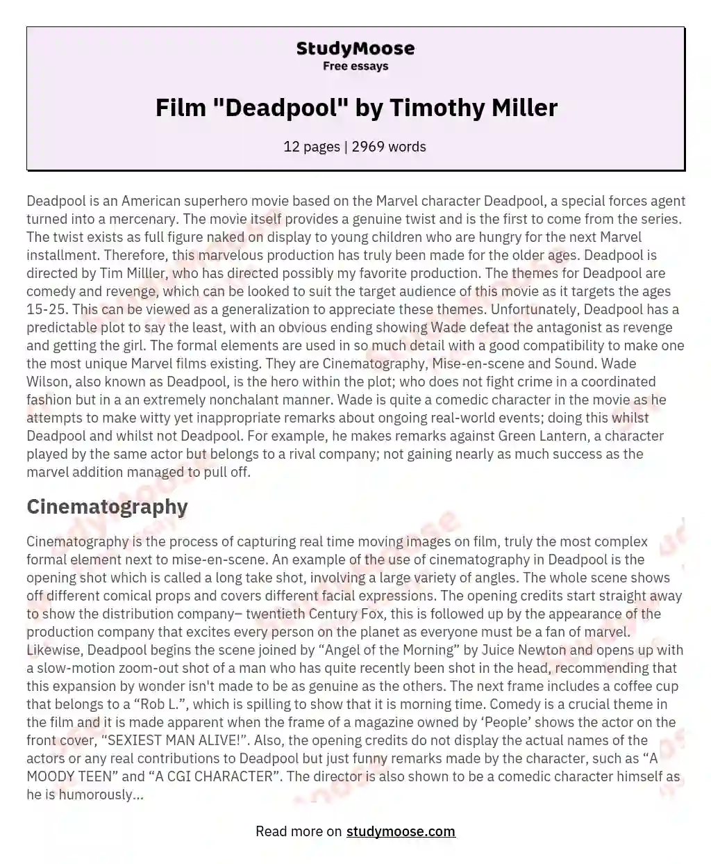 Film "Deadpool" by Timothy Miller essay