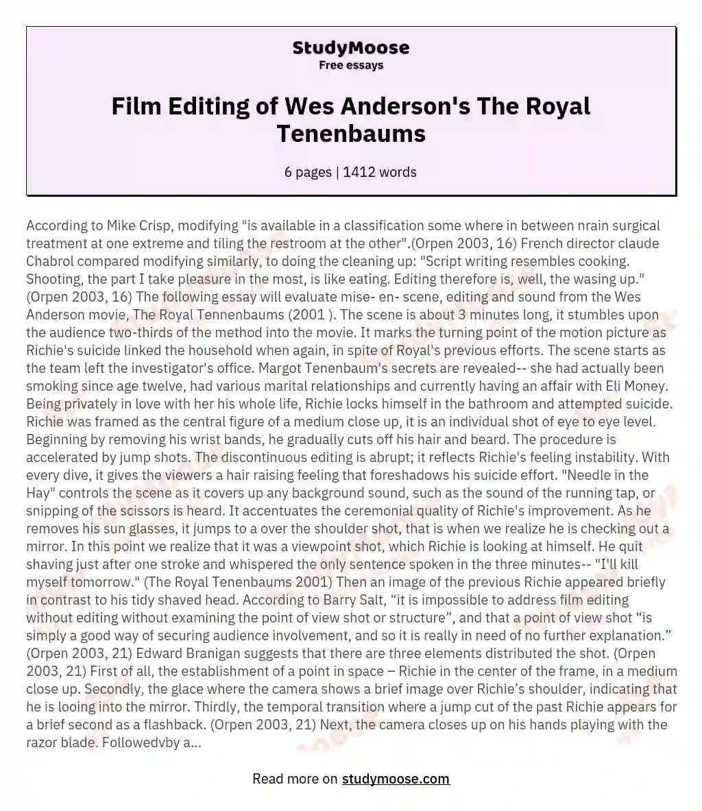 Film Editing of Wes Anderson's The Royal Tenenbaums essay