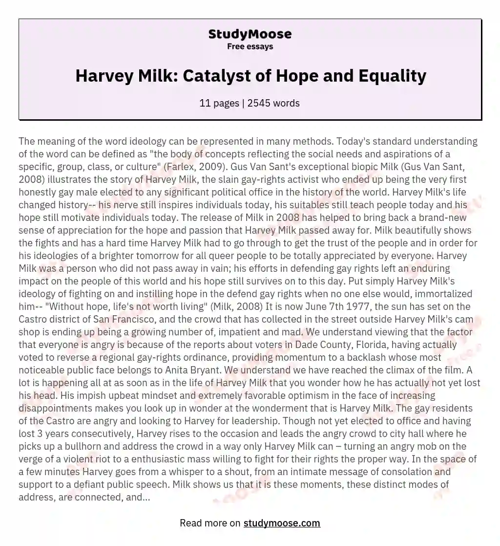 Harvey Milk: Catalyst of Hope and Equality essay