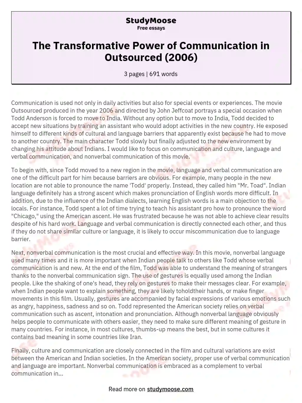 The Transformative Power of Communication in Outsourced (2006) essay