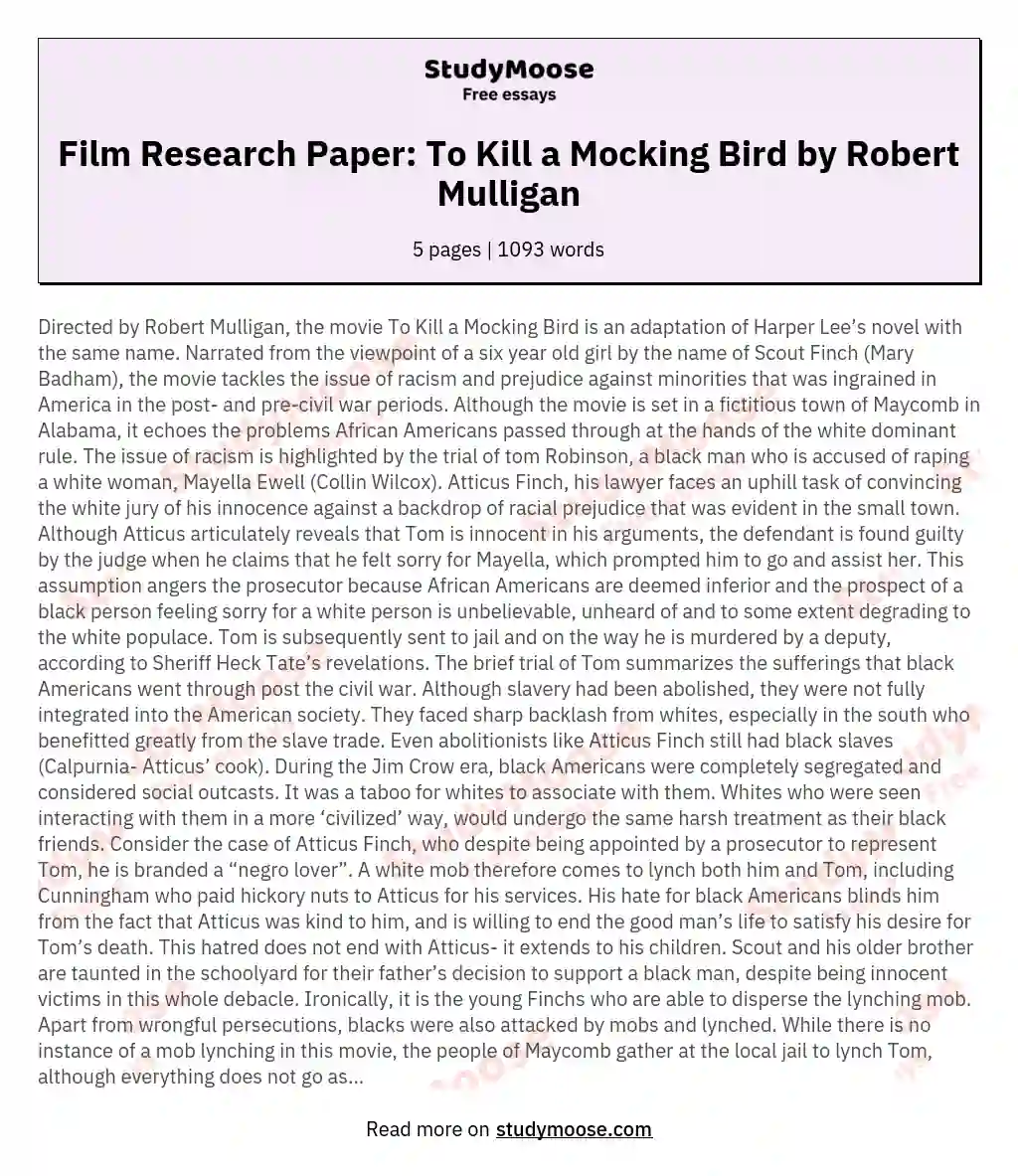 Film Research Paper: To Kill a Mocking Bird by Robert Mulligan