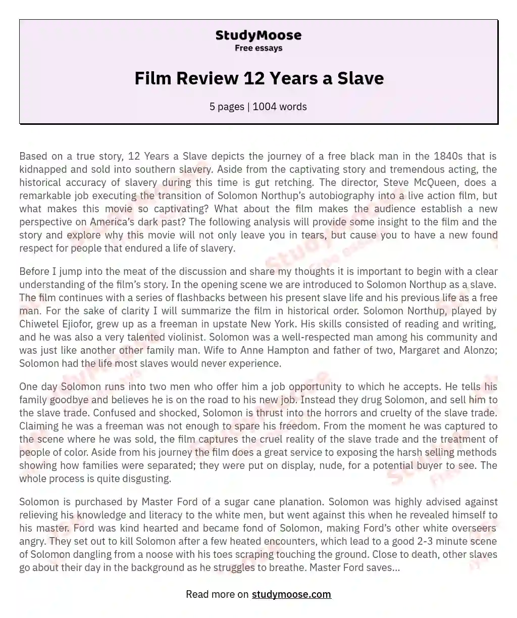 Film Review 12 Years a Slave essay