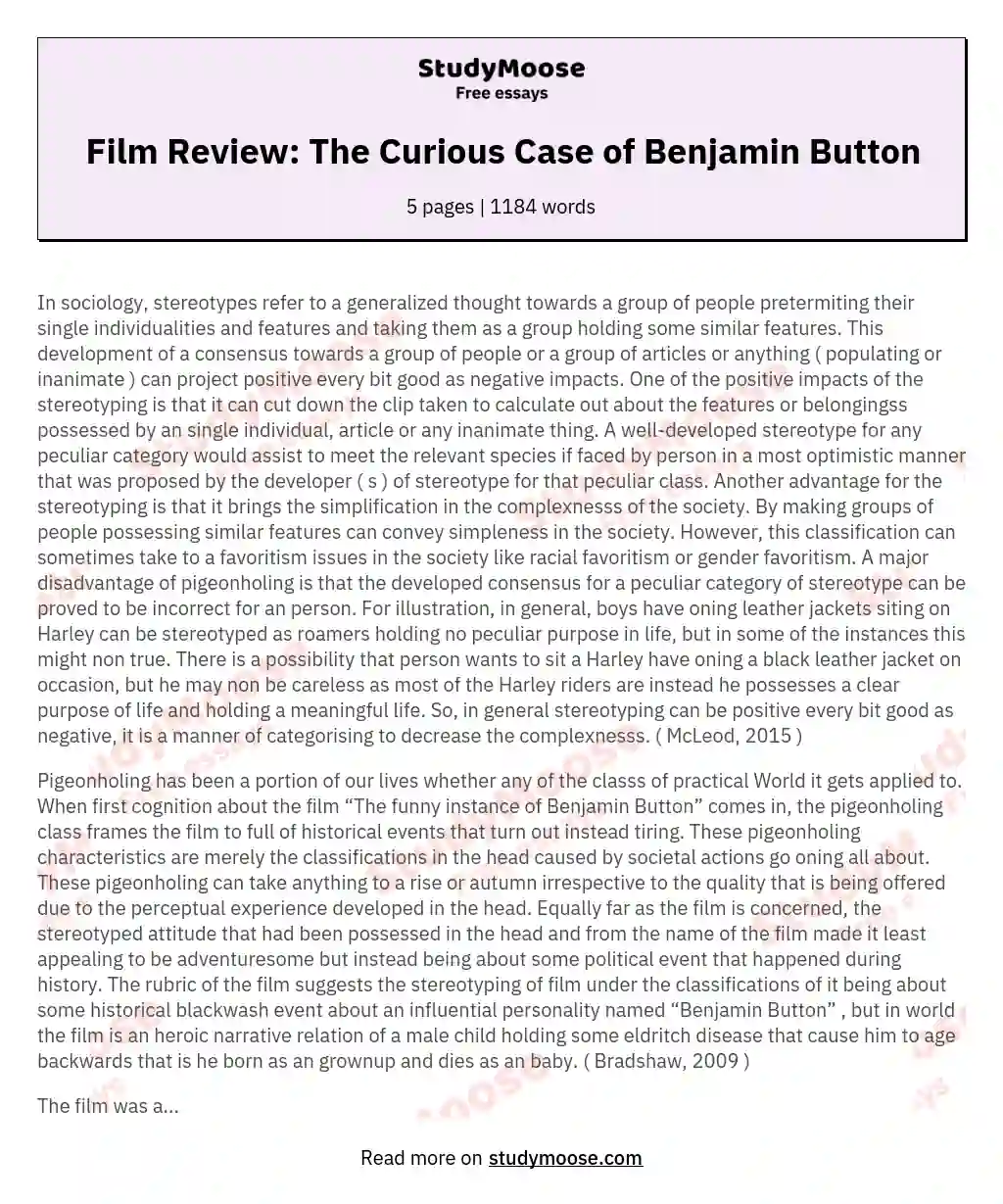Film Review: The Curious Case of Benjamin Button essay