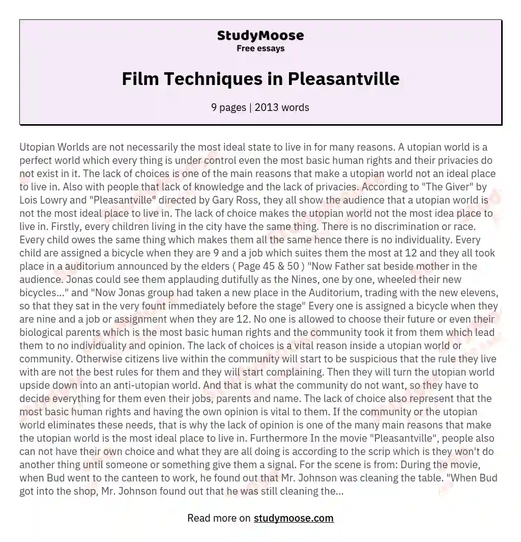 Film Techniques in Pleasantville essay
