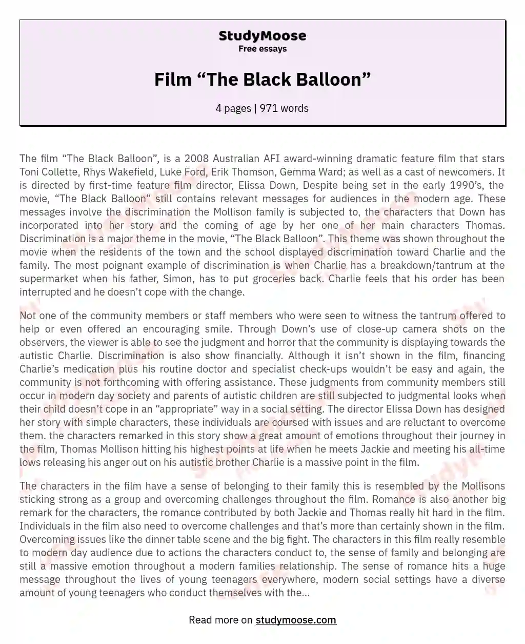 Film “The Black Balloon” essay