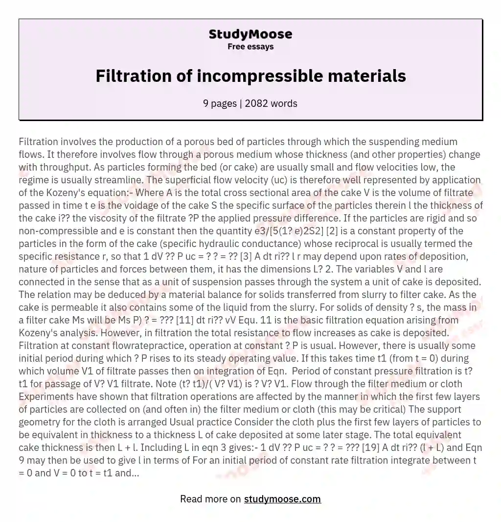 Filtration of incompressible materials essay