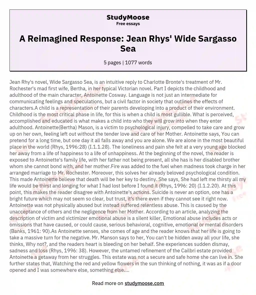 A Reimagined Response: Jean Rhys' Wide Sargasso Sea essay