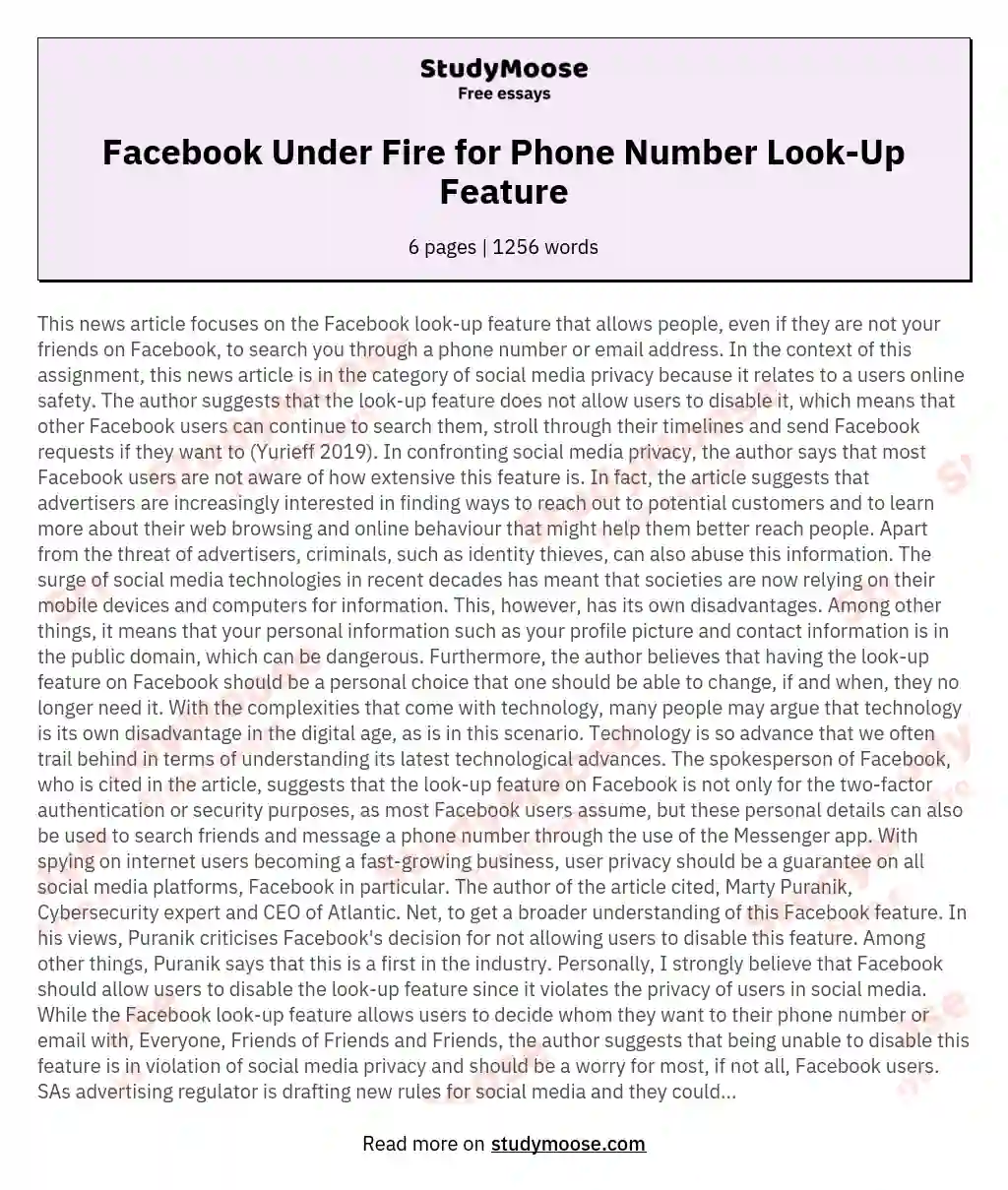 Facebook Under Fire for Phone Number Look-Up Feature essay