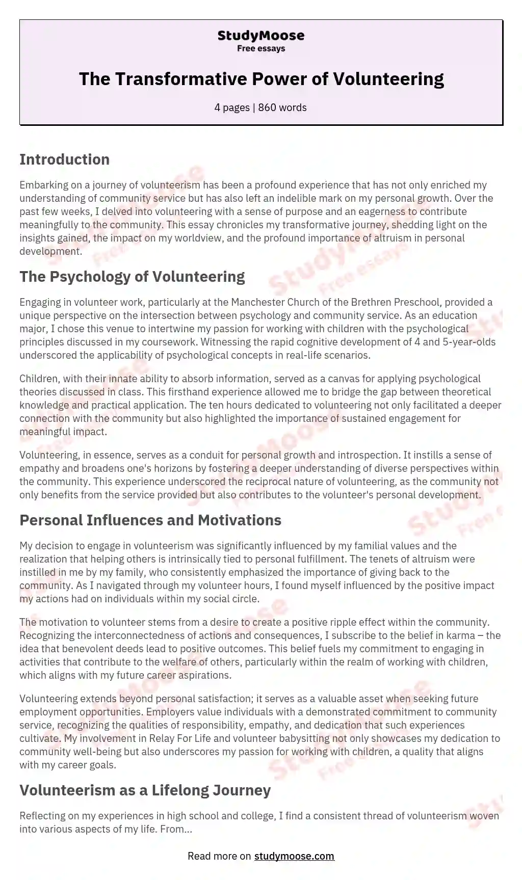 reflection on volunteering experience essay