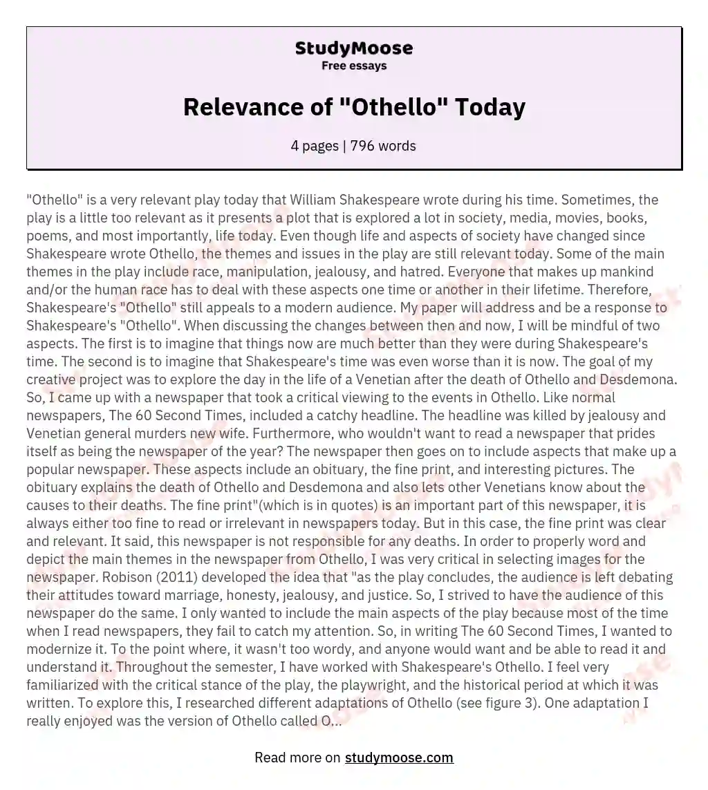 Relevance of "Othello" Today essay