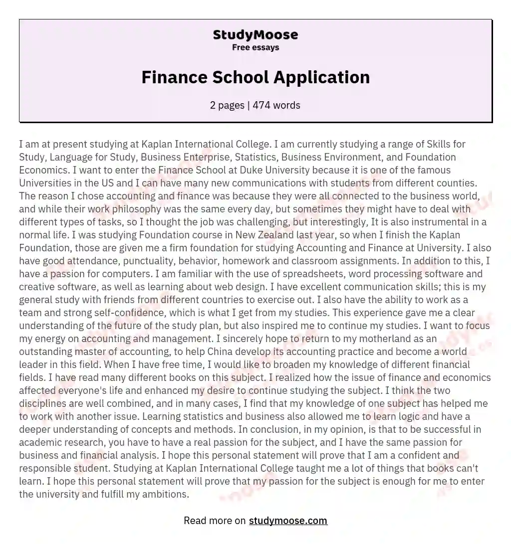Finance School Application essay