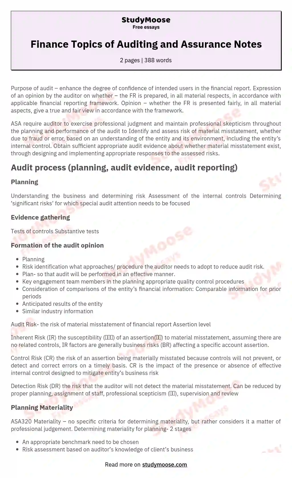 Finance Topics of Auditing and Assurance Notes essay