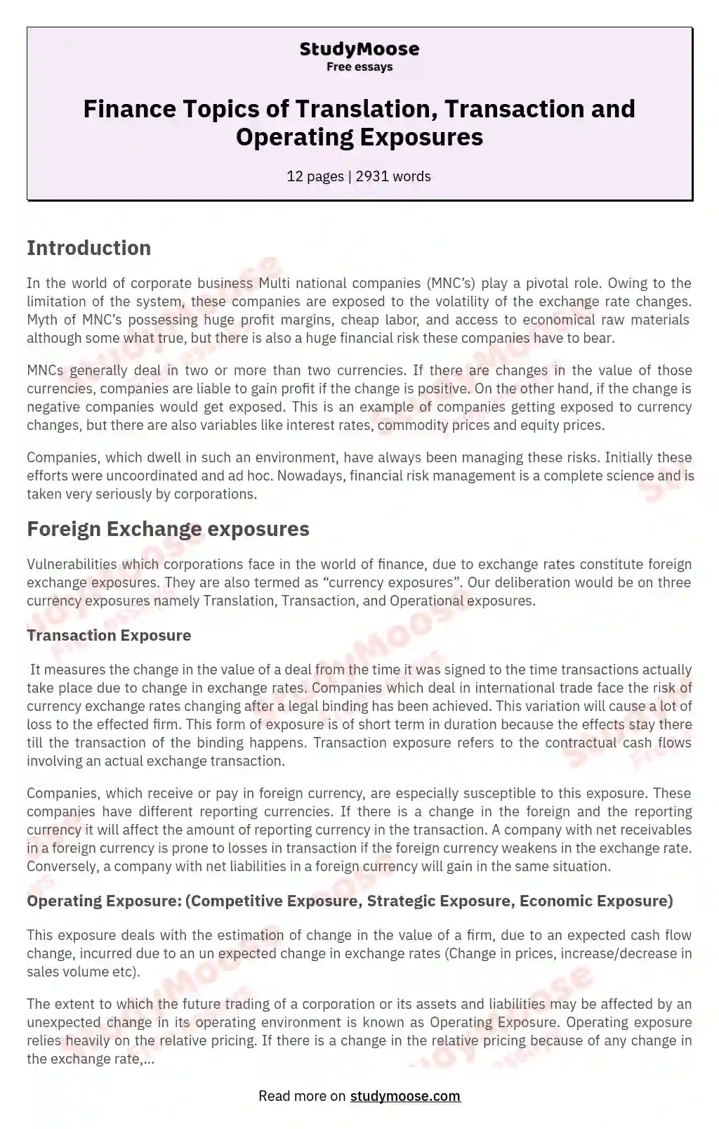 Finance Topics of Translation, Transaction and Operating Exposures essay
