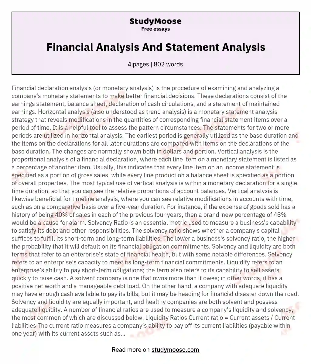 Financial Analysis And Statement Analysis