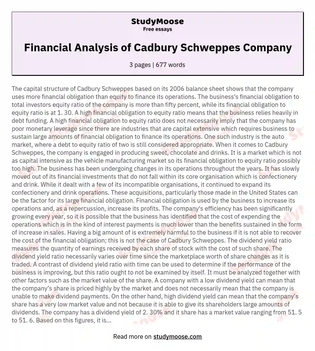 Financial Analysis of Cadbury Schweppes Company essay