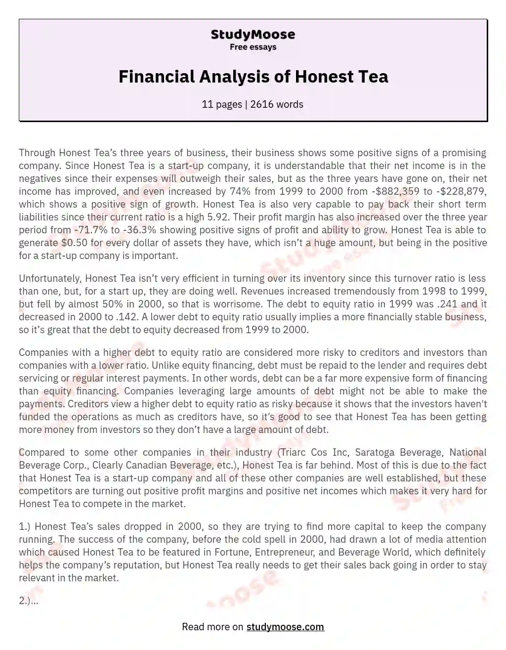 Financial Analysis of Honest Tea essay