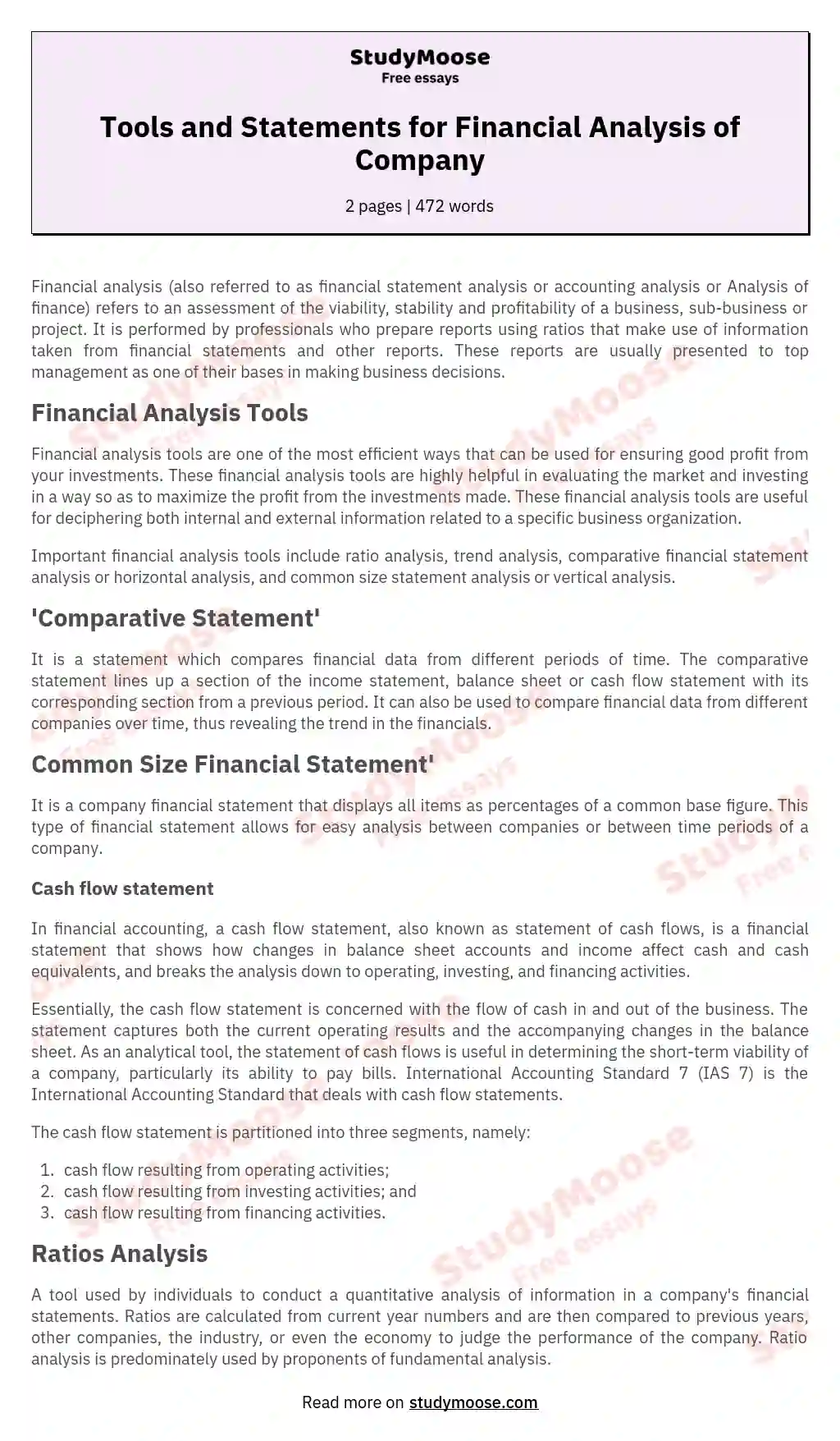 Tools and Statements for Financial Analysis of Company essay