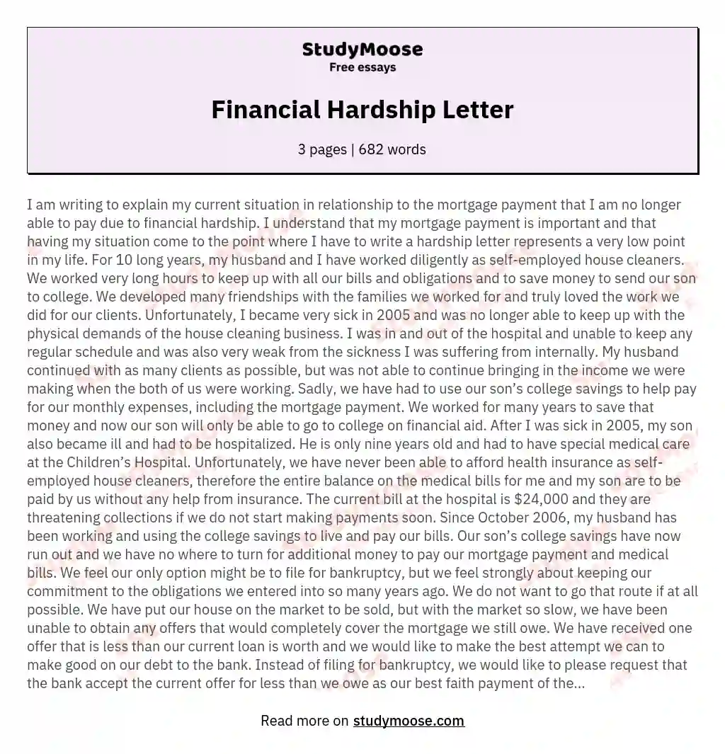 Financial Hardship Letter essay