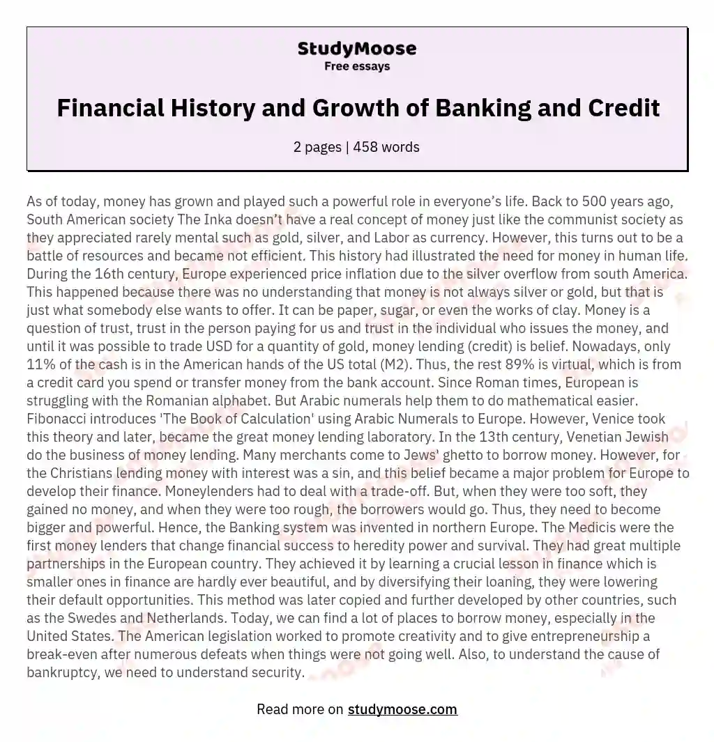 Financial History and Growth of Banking and Credit essay
