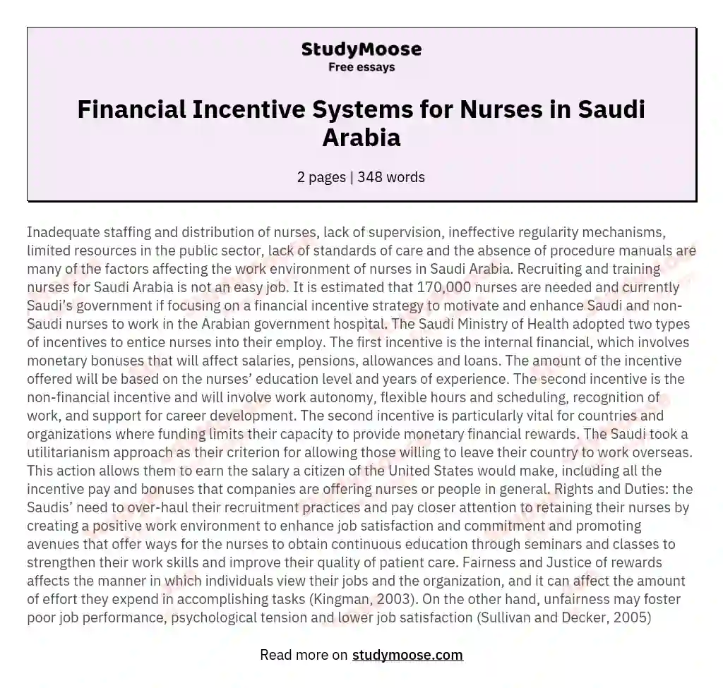 Financial Incentive Systems for Nurses in Saudi Arabia essay