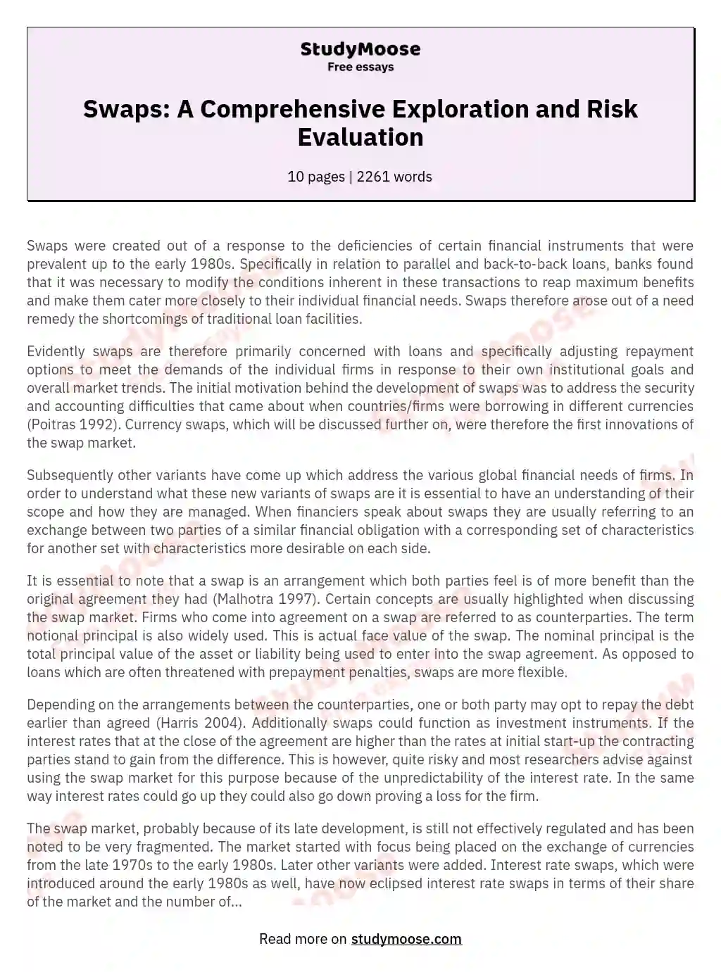 Swaps: A Comprehensive Exploration and Risk Evaluation essay