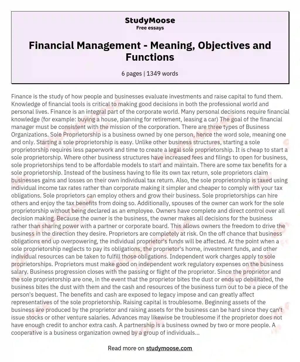 Financial Management - Meaning, Objectives and Functions essay