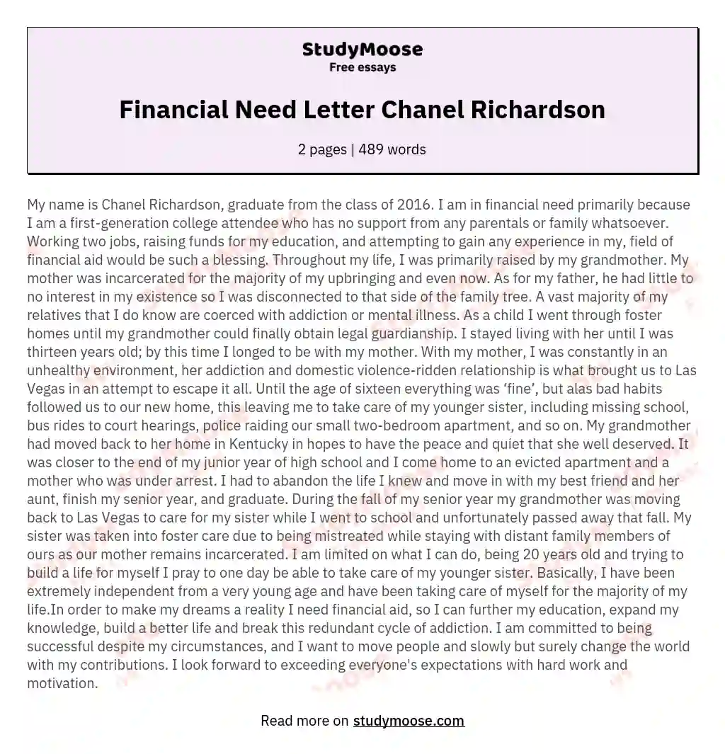 Financial Need Letter  Chanel Richardson essay