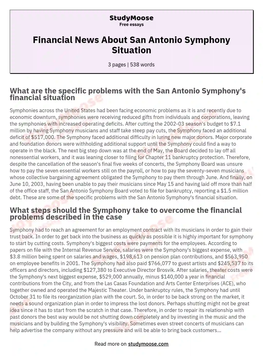 Financial News About San Antonio Symphony Situation essay
