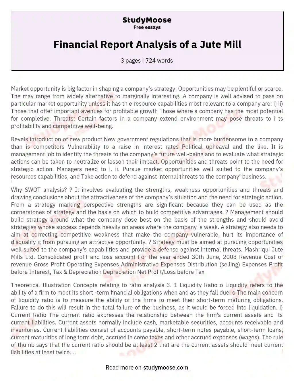 Financial Report Analysis of a Jute Mill