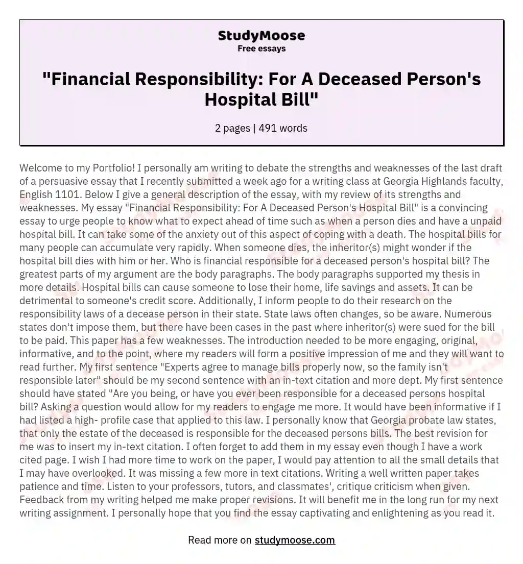 "Financial Responsibility: For A Deceased Person's Hospital Bill" essay