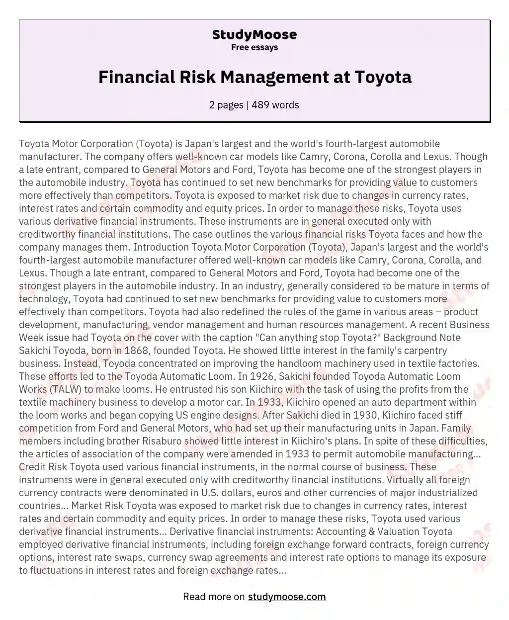 Financial Risk Management at Toyota essay