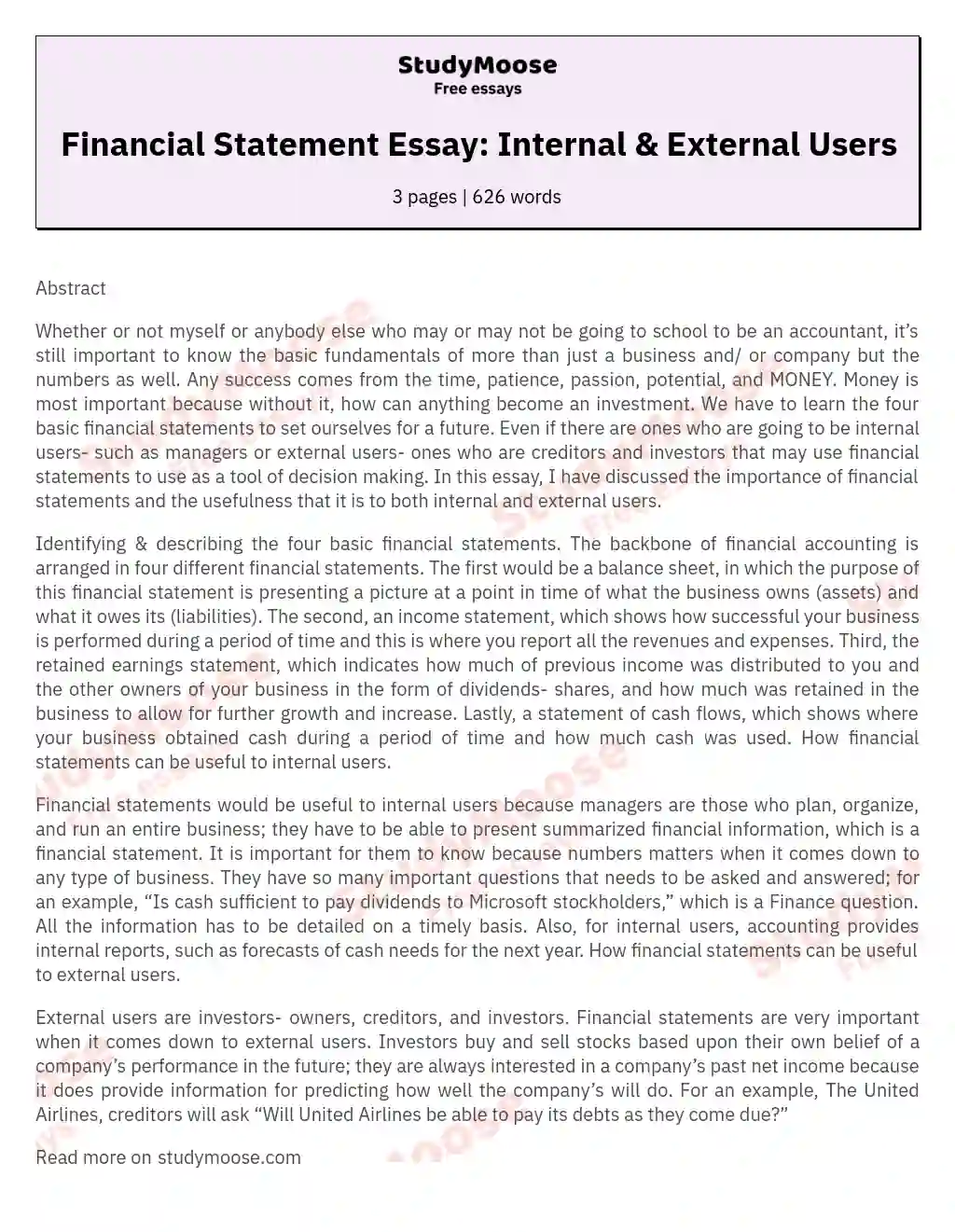 Financial Statement Essay: Internal & External Users essay